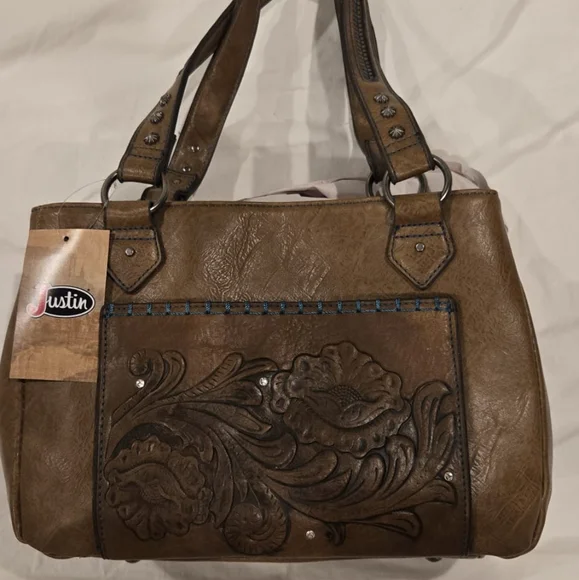 Justin Boots Brown Tooled Vegan Leather Shoulder Bag - Picture 1 of 4